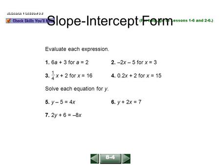 (For help, go to Lessons 1-6 and 2-6.) ALGEBRA 1 LESSON 6-2 Slope-Intercept Form 8-4 Evaluate each expression. 1. 6a + 3 for a = 22. –2x – 5 for x = 3.