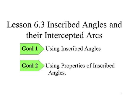 1 Lesson 6.3 Inscribed Angles and their Intercepted Arcs Goal 1 Using Inscribed Angles Goal 2 Using Properties of Inscribed Angles.