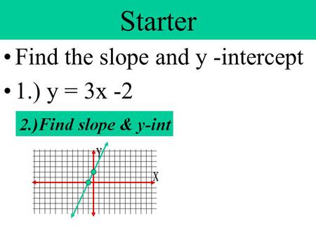 Starter Find the slope and y -intercept 1.) y = 3x -2.