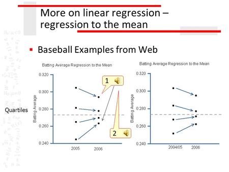 More on linear regression – regression to the mean  Baseball Examples from Web Quartiles 1 2.