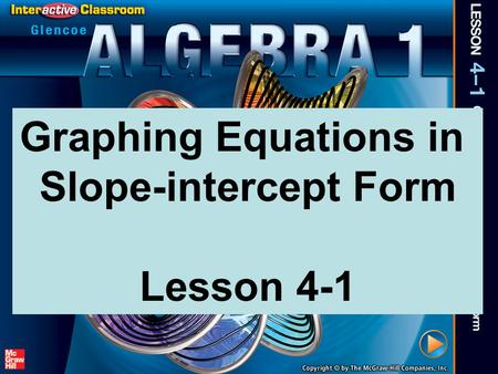 Splash Screen Graphing Equations in Slope-intercept Form Lesson 4-1.