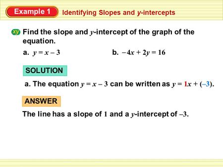Example 1 Identifying Slopes and y-intercepts Find the slope and y -intercept of the graph of the equation. ANSWER The line has a slope of 1 and a y -intercept.