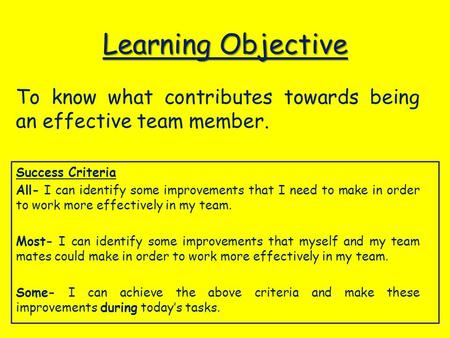Learning Objective To know what contributes towards being an effective team member. Success Criteria All- I can identify some improvements that I need.