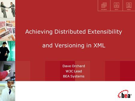 Achieving Distributed Extensibility and Versioning in XML Dave Orchard W3C Lead BEA Systems.