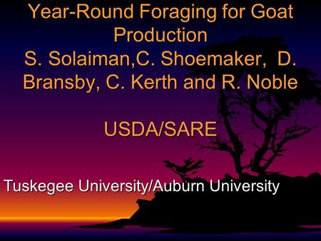 Year-Round Foraging for Goat Production S. Solaiman,C. Shoemaker, D. Bransby, C. Kerth and R. Noble USDA/SARE Tuskegee University/Auburn University.
