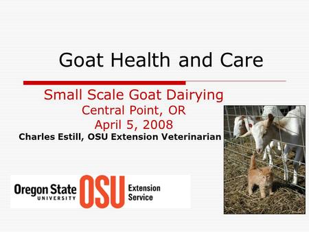 Goat Health and Care Small Scale Goat Dairying Central Point, OR April 5, 2008 Charles Estill, OSU Extension Veterinarian.