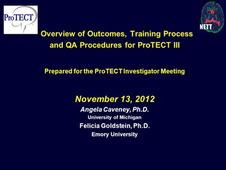 Overview of Outcomes, Training Process and QA Procedures for ProTECT III Prepared for the ProTECT Investigator Meeting November 13, 2012 Angela Caveney,