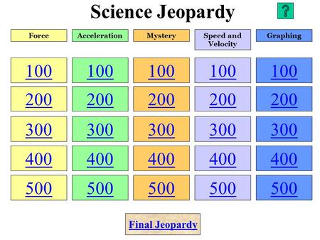Science Jeopardy 100 200 300 400 500 100 200 300 400 500 100 200 300 400 500 100 200 300 400 500 100 200 300 400 500 ForceAccelerationMysterySpeed and.