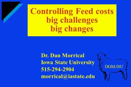 Controlling Feed costs big challenges big changes DGM:ISU Dr. Dan Morrical Iowa State University 515-294-2904