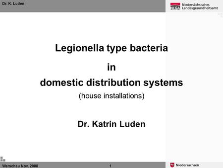 Warschau Nov. 20081 Dr. K. Luden Legionella type bacteria in domestic distribution systems (house installations) Dr. Katrin Luden.