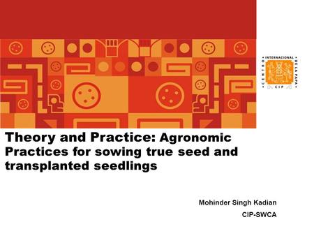 Theory and Practice: Agronomic Practices for sowing true seed and transplanted seedlings Mohinder Singh Kadian CIP-SWCA.