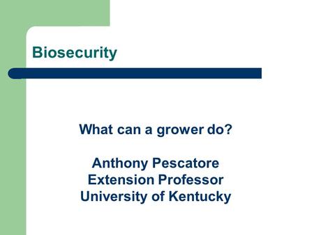 What can a grower do? Anthony Pescatore Extension Professor University of Kentucky Biosecurity.