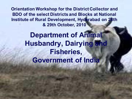 Department of Animal Husbandry, Dairying and Fisheries, Government of India Orientation Workshop for the District Collector and BDO of the select Districts.