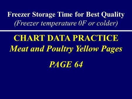 Freezer Storage Time for Best Quality (Freezer temperature 0F or colder) CHART DATA PRACTICE Meat and Poultry Yellow Pages PAGE 64.
