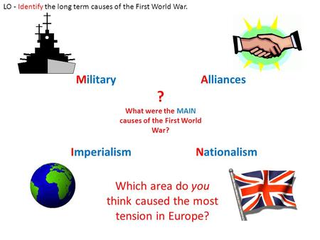 ? What were the MAIN causes of the First World War? MilitaryAlliances ImperialismNationalism Which area do you think caused the most tension in Europe?