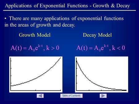 Table of Contents Applications of Exponential Functions - Growth & Decay There are many applications of exponential functions in the areas of growth and.
