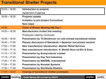 Shelter Meeting 09b is hosted by UNHCR Transitional Shelter Projects 16:00 – 16:05Introduction to projects Agreement of agenda 16:05 – 16:30Progress update.
