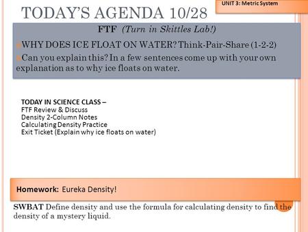 TODAY’S AGENDA 10/28 FTF (Turn in Skittles Lab!) WHY DOES ICE FLOAT ON WATER? Think-Pair-Share (1-2-2) Can you explain this? In a few sentences come up.