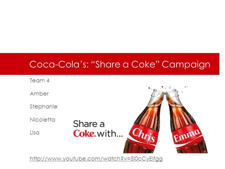 Coca-Cola’s: “Share a Coke” Campaign Team 4 Amber Stephanie Nicoletta Lisa