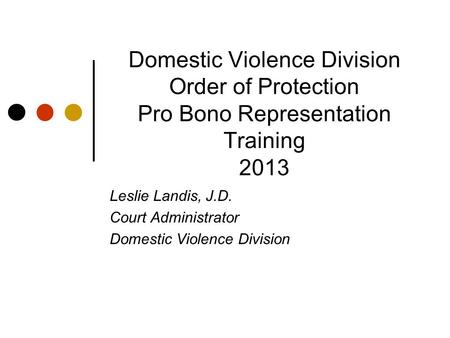 Domestic Violence Division Order of Protection Pro Bono Representation Training 2013 Leslie Landis, J.D. Court Administrator Domestic Violence Division.