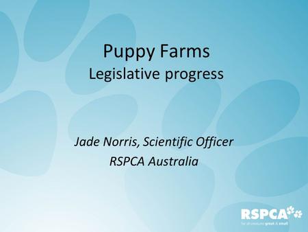 Puppy Farms Legislative progress Jade Norris, Scientific Officer RSPCA Australia.