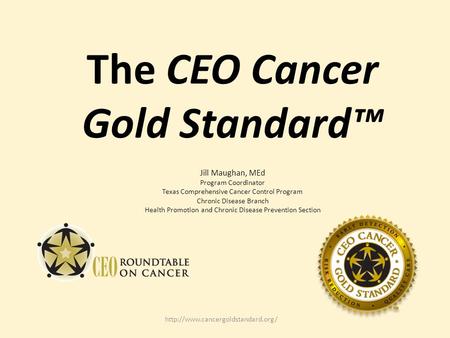 The CEO Cancer Gold Standard™ Jill Maughan, MEd Program Coordinator Texas Comprehensive Cancer Control Program Chronic Disease Branch Health Promotion.