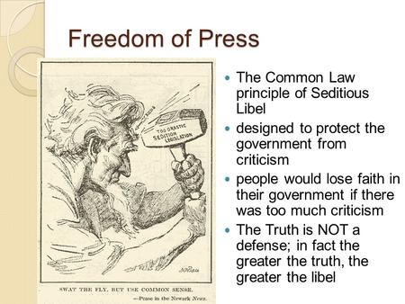 Freedom of Press The Common Law principle of Seditious Libel designed to protect the government from criticism people would lose faith in their government.