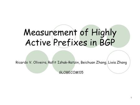 1 Measurement of Highly Active Prefixes in BGP Ricardo V. Oliveira, Rafit Izhak-Ratzin, Beichuan Zhang, Lixia Zhang GLOBECOM’05.