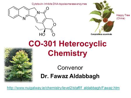 CO-301 Heterocyclic Chemistry Convenor Dr. Fawaz Aldabbagh  Cytotoxin- Inhibits DNA-topoisomerase.