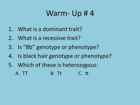 Warm- Up # 4 1.What is a dominant trait? 2.What is a recessive trait? 3.Is “Bb” genotype or phenotype? 4.Is black hair genotype or phenotype? 5.Which of.