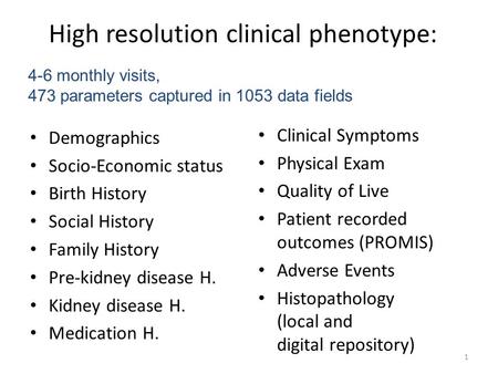 High resolution clinical phenotype: Demographics Socio-Economic status Birth History Social History Family History Pre-kidney disease H. Kidney disease.