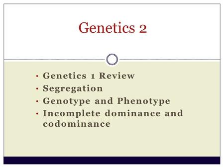 Genetics 2 Genetics 1 Review Segregation Genotype and Phenotype