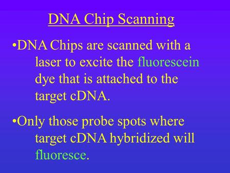 DNA Chip Scanning DNA Chips are scanned with a laser to excite the fluorescein dye that is attached to the target cDNA. Only those probe spots where target.