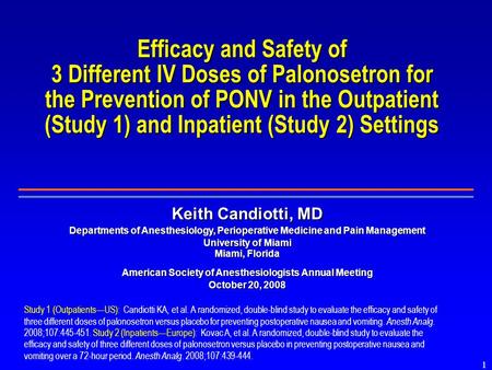 1 Efficacy and Safety of 3 Different IV Doses of Palonosetron for the Prevention of PONV in the Outpatient (Study 1) and Inpatient (Study 2) Settings Study.