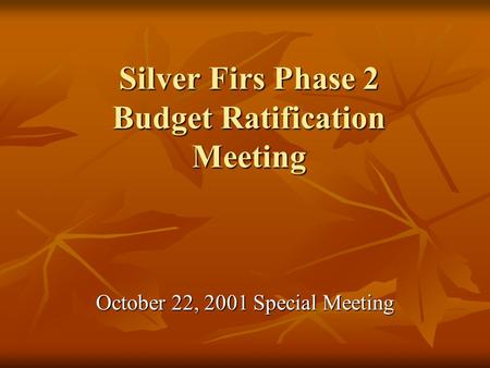 Silver Firs Phase 2 Budget Ratification Meeting October 22, 2001 Special Meeting.