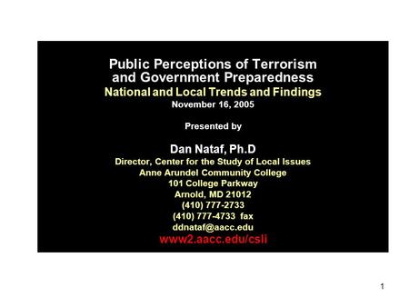 1 Public Perceptions of Terrorism and Government Preparedness National and Local Trends and Findings November 16, 2005 Presented by Dan Nataf, Ph.D Director,