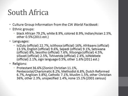South Africa Culture Group Information from the CIA World Factbook: