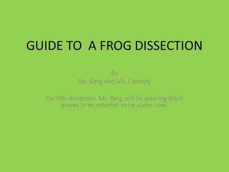 GUIDE TO A FROG DISSECTION By Mr. Berg and Ms. Cerletty For this dissection Mr. Berg will be wearing black gloves in an attempt to be super cool.