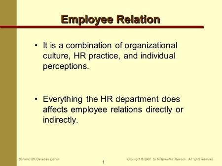 1 Copyright © 2007 by McGraw-Hill Ryerson. All rights reserved.Schwind 8th Canadian Edition Employee Relation It is a combination of organizational culture,