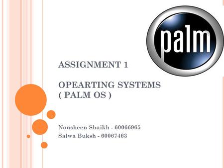 ASSIGNMENT 1 OPEARTING SYSTEMS ( PALM OS ) Nousheen Shaikh - 60066965 Salwa Buksh - 60067463.
