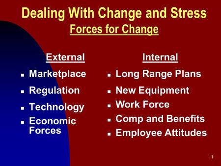 1 Dealing With Change and Stress Forces for Change External n Marketplace n Regulation n Technology n Economic Forces Internal n Long Range Plans n New.
