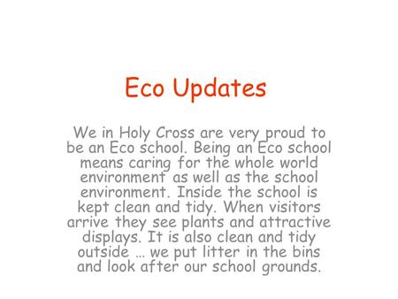 Eco Updates We in Holy Cross are very proud to be an Eco school. Being an Eco school means caring for the whole world environment as well as the school.