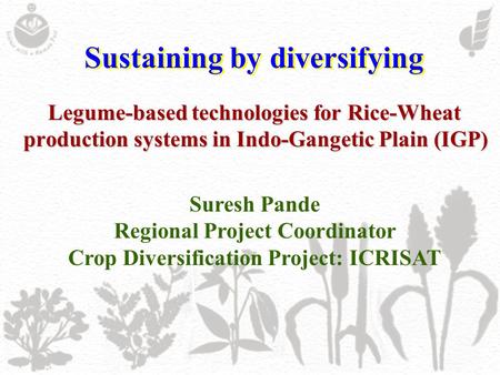 Sustaining by diversifying Legume-based technologies for Rice-Wheat production systems in Indo-Gangetic Plain (IGP) Suresh Pande Regional Project Coordinator.