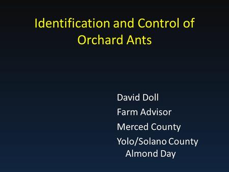 Identification and Control of Orchard Ants David Doll Farm Advisor Merced County Yolo/Solano County Almond Day.