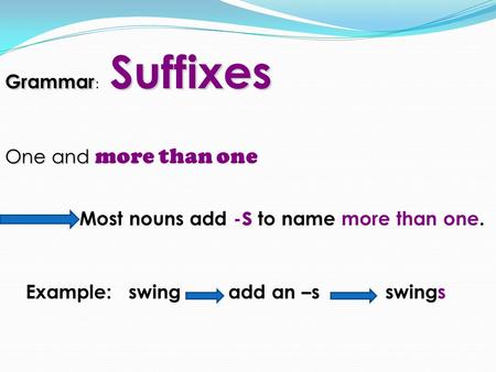 Grammar Suffixes Grammar : Suffixes One and One and more than one Most nouns add - s to name more than one. Example: swing add an –sswings.