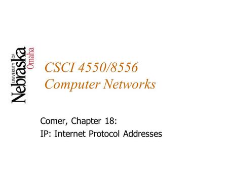 CSCI 4550/8556 Computer Networks Comer, Chapter 18: IP: Internet Protocol Addresses.