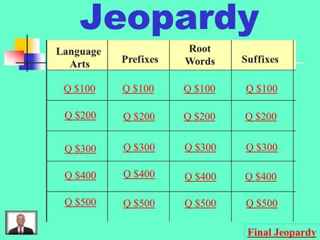 Jeopardy Root Words Language Arts Prefixes Suffixes Q $100 Q $100
