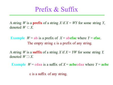Prefix & Suffix Example W = ab is a prefix of X = abefac where Y = efac. Example W = cdaa is a suffix of X = acbecdaa where Y = acbe A string W is a prefix.