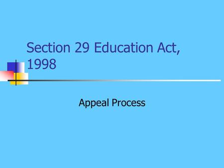 Section 29 Education Act, 1998 Appeal Process. Grounds for Appeal Exclude a pupil permanently Suspension of 20 days in any one school year Refusal to.