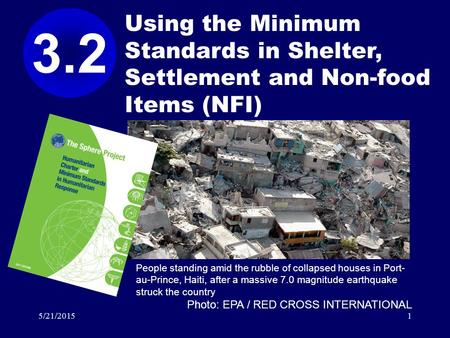 5/21/20151 Using the Minimum Standards in Shelter, Settlement and Non-food Items (NFI) 3.2 People standing amid the rubble of collapsed houses in Port-